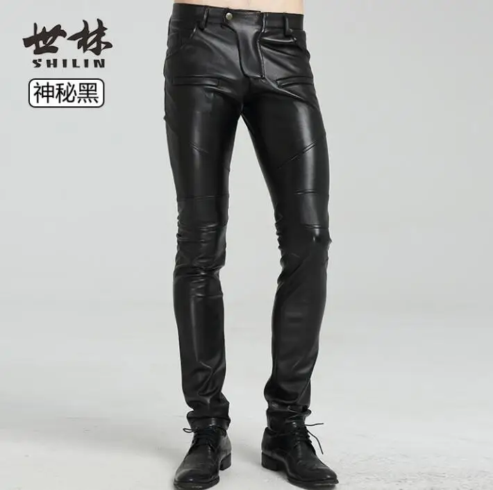 velvet fashion motorcycle faux leather pants mens feet pants pu trousers for men pantalon homme black spring autumn black