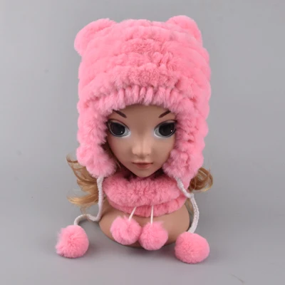 pink set Детские меховые шапки, шарф-кольцо с помпоном, шапочки для девочек, настоящий мех кролика, помпон, шапка с широкими полосками, ручная работа, зимние шапки с ушками - Цвет: pink set