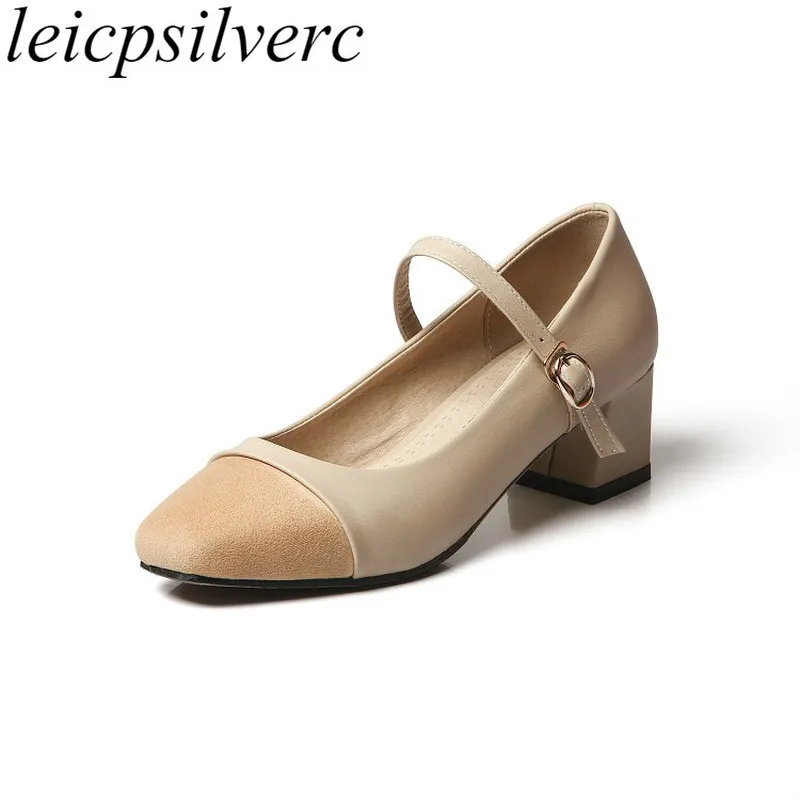 Women Pumps Shoes High Heels Sexy New Fashion Square Heel Toe 2019 Spring Autumn Buckle Casual Black Grey Beige Red | Обувь