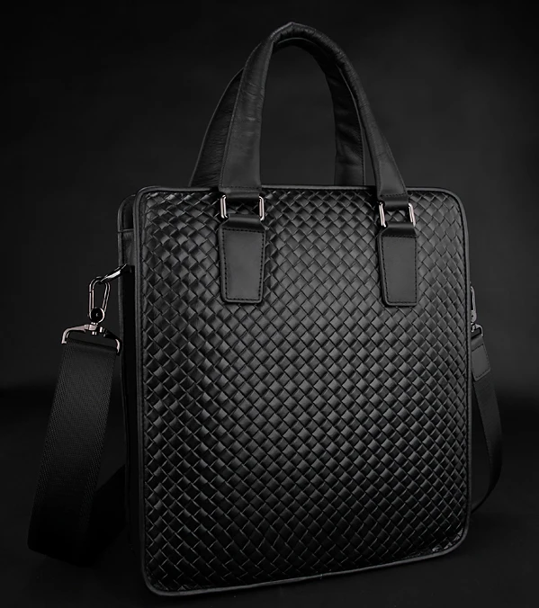 New Fashion knitted Genuine Leather Men Briefcase Man Shoulder Bag Messenger office Handbag Black tote Business | Багаж и сумки