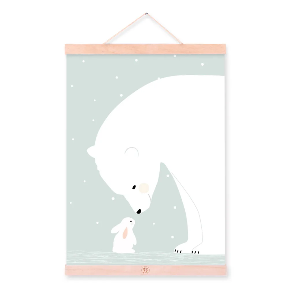 Kawaii, Мультяшные животные, олень, медведь, собака, деревянная рамка, холст, живопись, скандинавские, для детской комнаты, настенные художественные плакаты, домашний декор, картина, Свиток - Цвет: bear rabbit