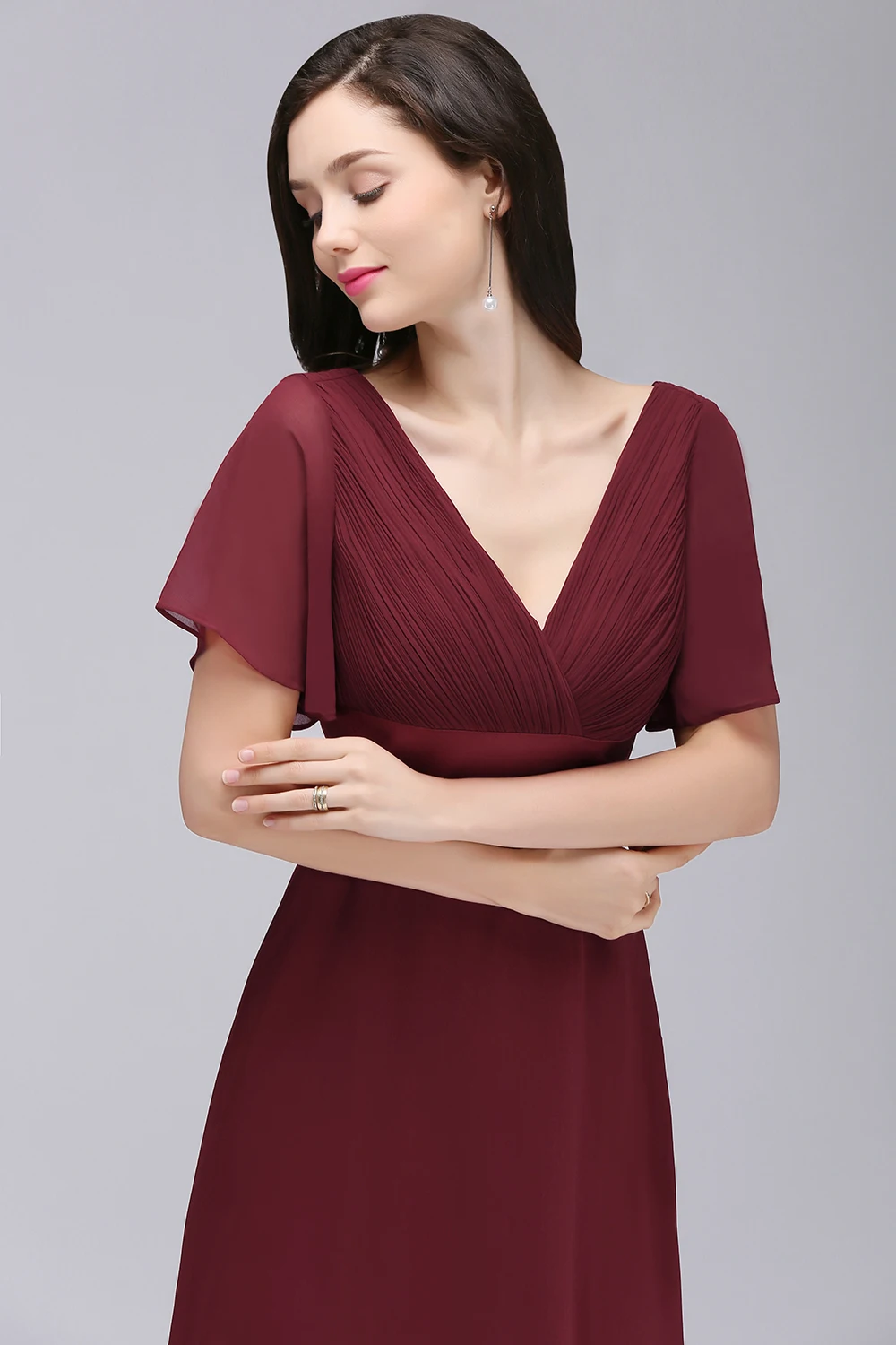 Женское шифоновое вечернее платье длинное синее с V образным вырезом открытой