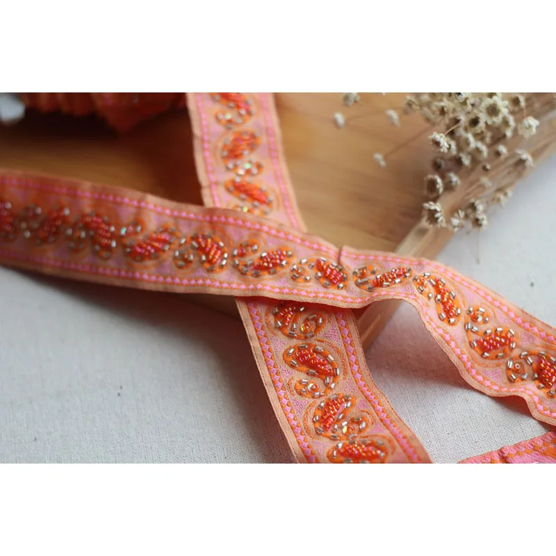 2 ярда оранжевая кружевная вышивка из 100% полиэстера высокое качество ручная