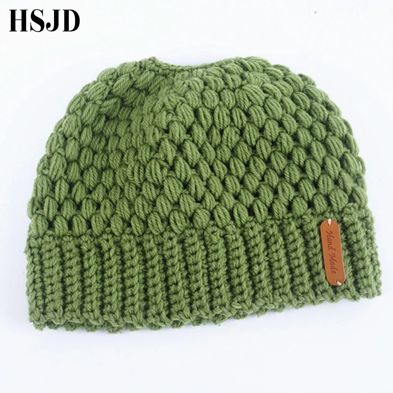 Однотонная вязаная шапка для конского хвоста крючком взрослых зимние шапки