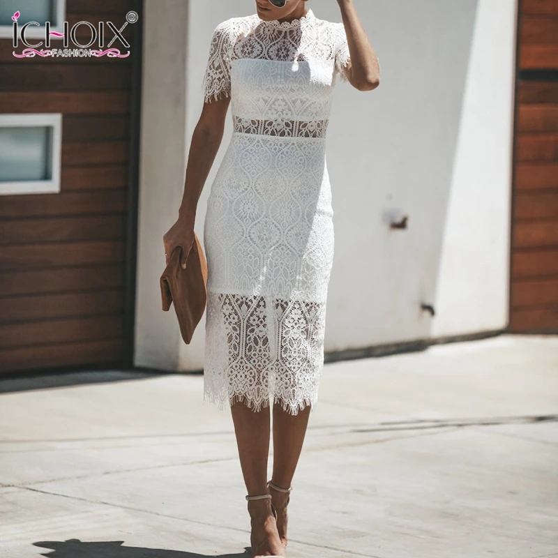 Женское кружевное платье ICHOIX Белое и черное винтажное миди с вырезами элегантные