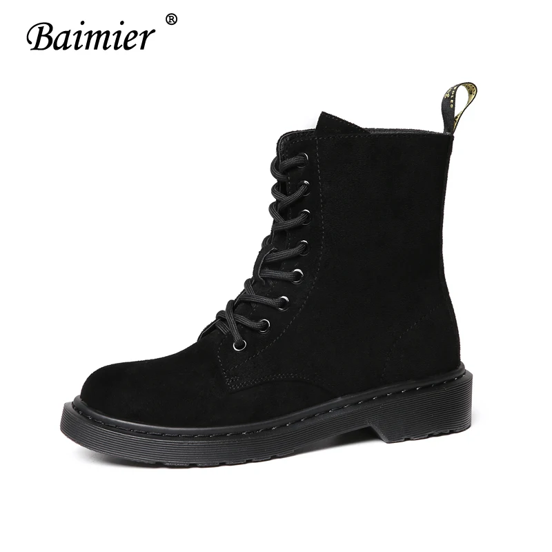 Baimier Winter Black Patent Leather Women Boots Fashion Round Toe Lace Up Ankle Boots For Women Warm Plush Women Winter Boots - Цвет: Flock Black Boots