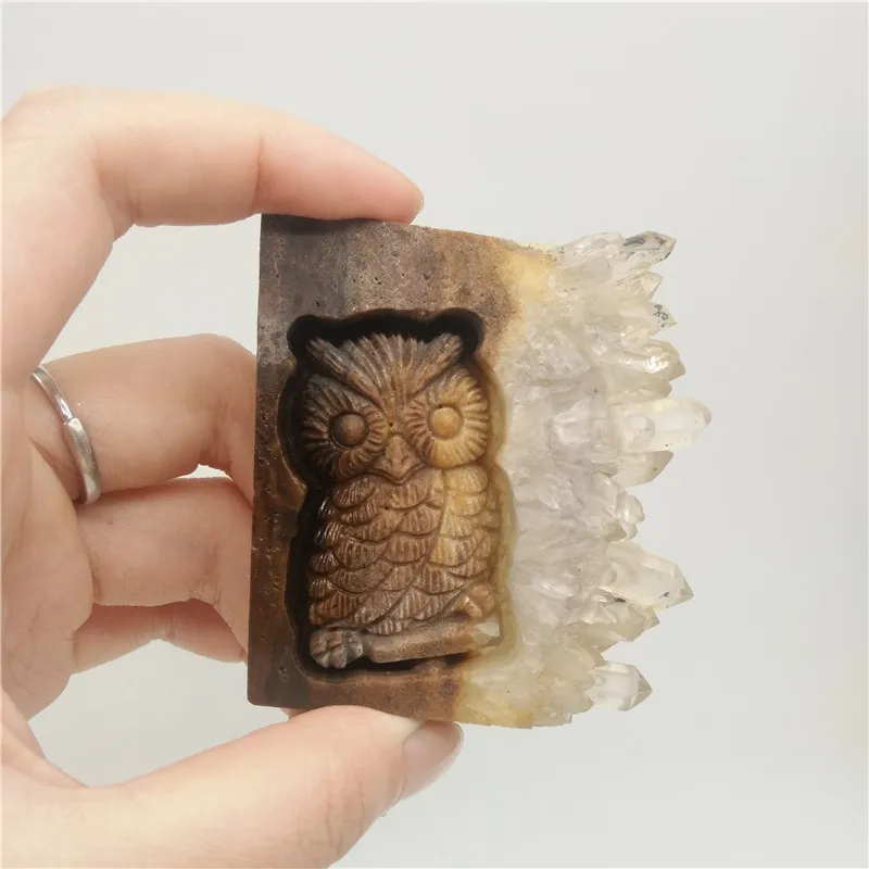 Hot Sale Clear Quartz Cluster Owls Natural Stone Carved Owl For Gift Crystal clusters carve owls | Дом и сад