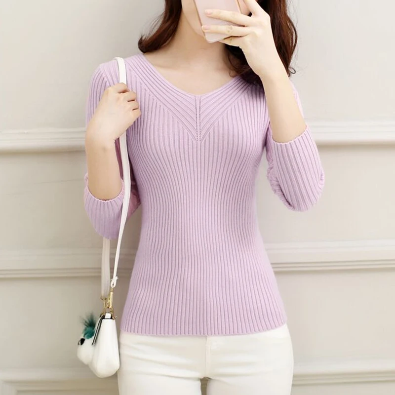 Elasticity Soft Women Sweater Autumn Pullovers Knitted Sweaters V Neck Sexy Slim Knit Coat Female Blouse Winter Knitwear | Женская