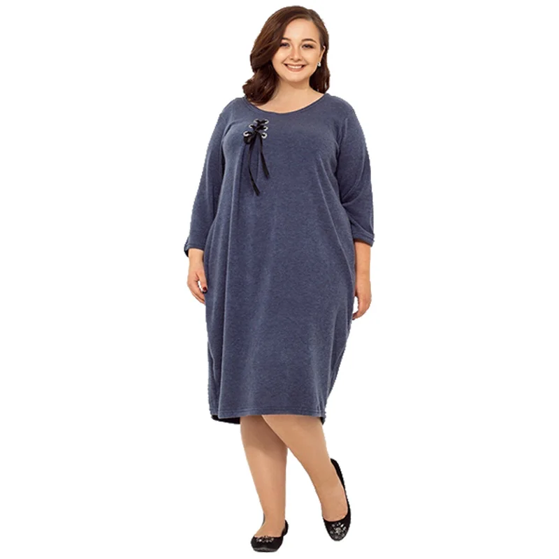 5XL 6XL осенне-зимнее свободное Повседневное платье длиной до колена размера плюс, женская одежда, однотонные платья больших размеров синего и темно-синего цвета Vestidos