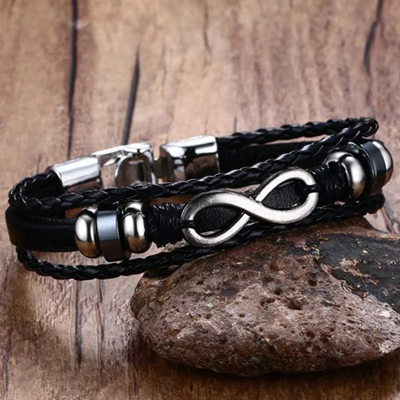 OMONDE Мужской 20 см черный из натуральной кожи веревочный браслет цепи Hematite бусы