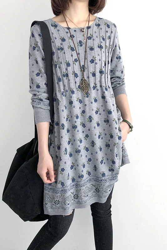 2019 Women Print Floral Cotton Long Shirt Summer Spring Sleeve Vintage Knit Coat Big Size Loose Blouse YoYiKamomo |