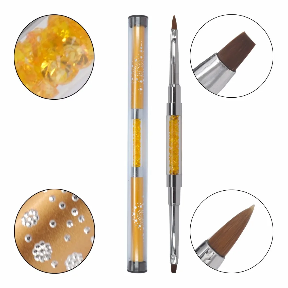 

1 Pc High Quality Gold Metal Handles Dual-use #2 Nail Art Brush Manicure Gel Polish Pens Crystal Nail Brush #07