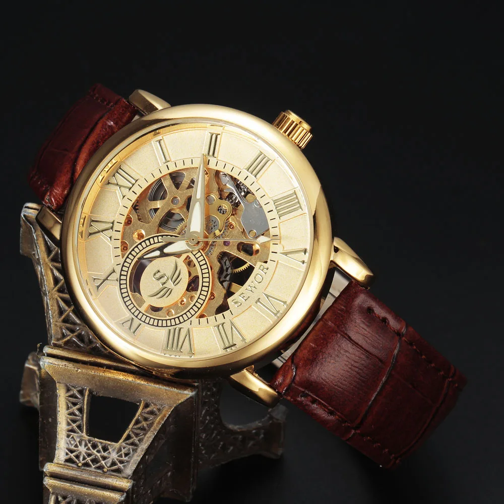 Мужские механические часы Sewor наручные с кожаным ремешком | Наручные