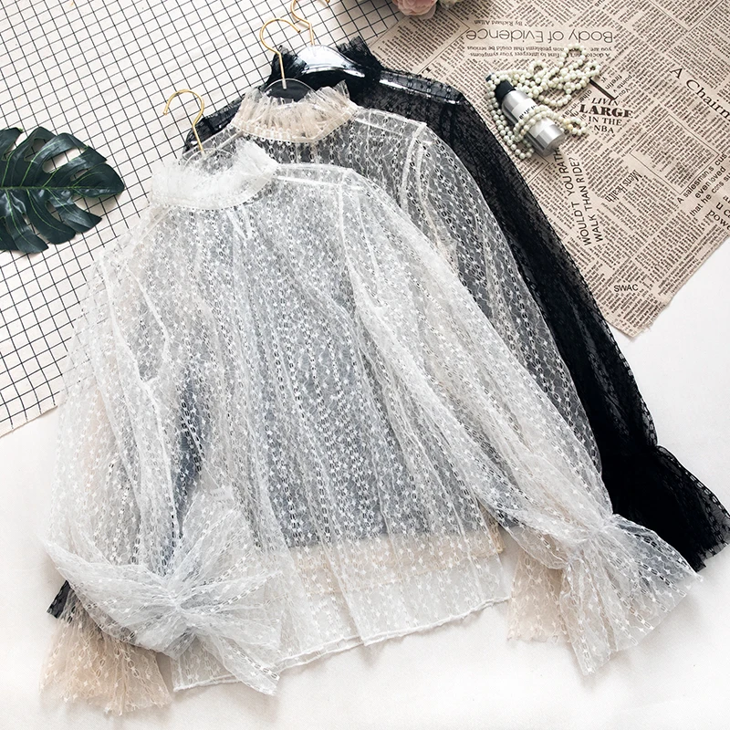 

Women Spring Autumn Flare Sleeve Ruffles Basic Shirt Casual Mesh Voile Pullover Slim Hollow Out Lace Blouse Tops G235