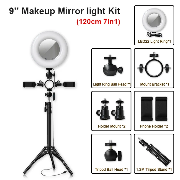 9inch type 120cm 10 дюймов, 26 см, USB интерфейс, затемненный светодиодный кольцевой светильник для селфи, камера, телефон, фотография, видео, макияж, лампа с штативом, зажим для телефона - Цвет: 9inch type 120cm