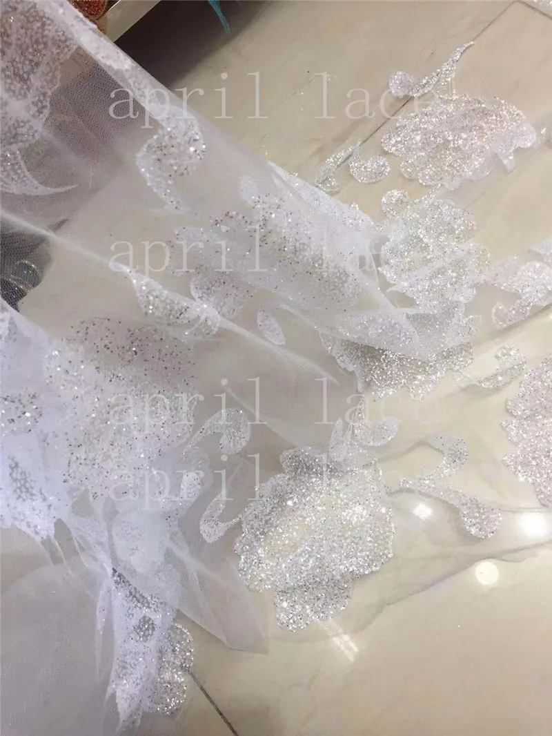 

stock 8 yards/bag Ah1526 # crystal white rose glued glitter print tulle net mesh flower fabric for wedding