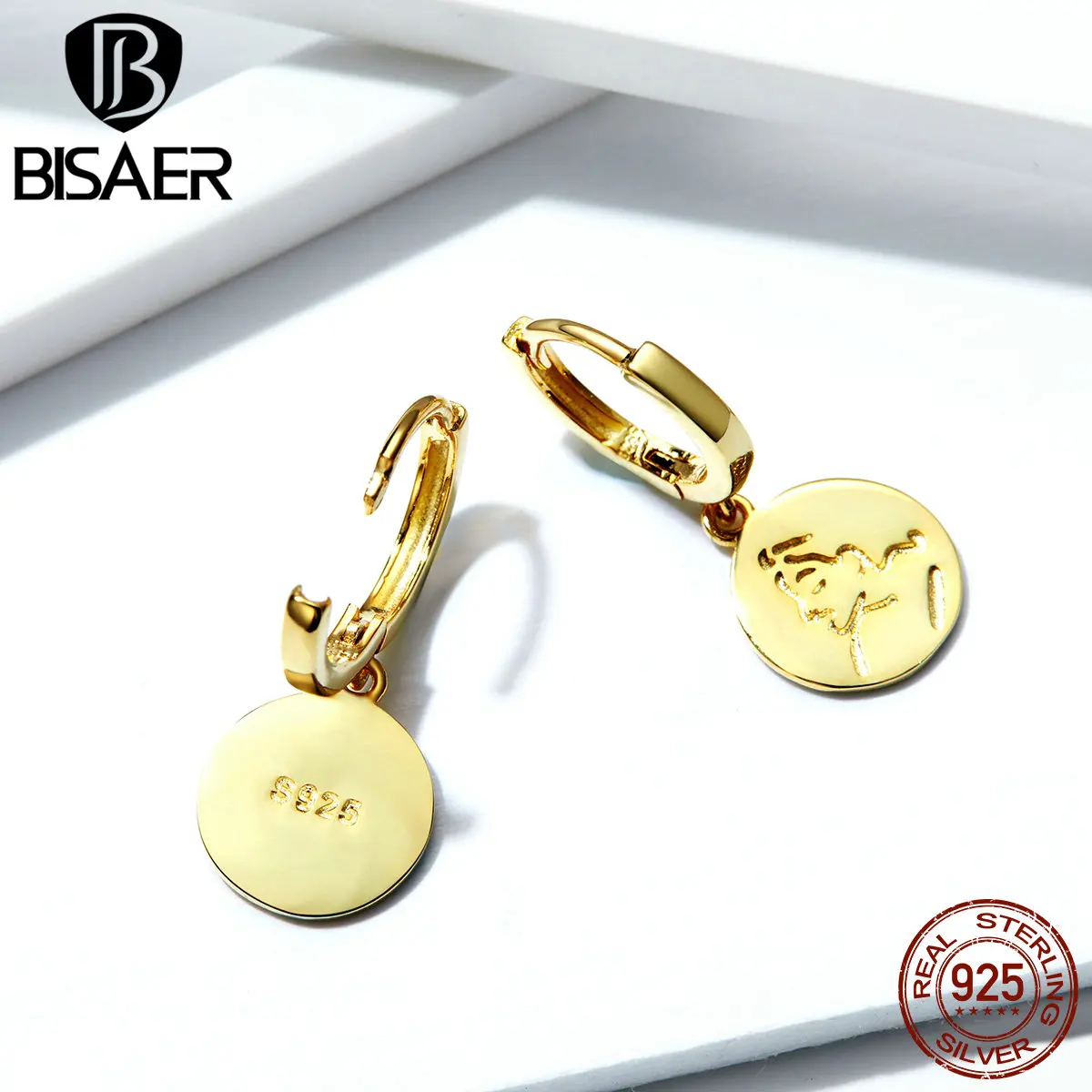 BISAER, модные серьги, серебро 925 пробы, на удачу, золотой цвет, монета, Винтажные серьги-гвоздики для женщин, Стерлинговое Серебро, ювелирное изделие ECE606
