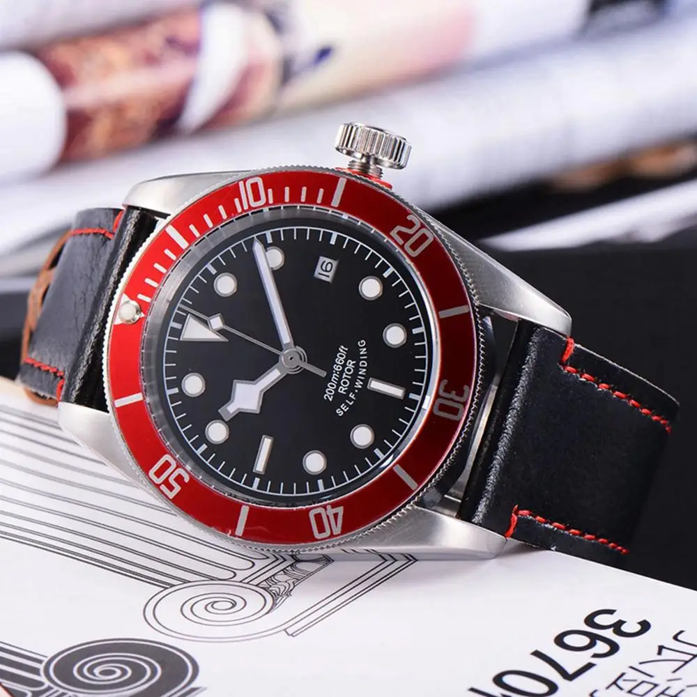 Топ бренд corgeut автоматические часы мужские водонепроницаемые спортивные кожаные