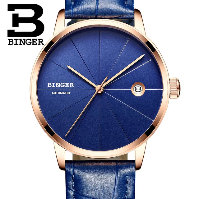 Leather Blue Gold Switzerland BINGER мужские часы Топ люксовый бренд Япония Seiko автоматическое механическое движение часы досуг бизнес синий horloges - Цвет: Leather Blue Gold