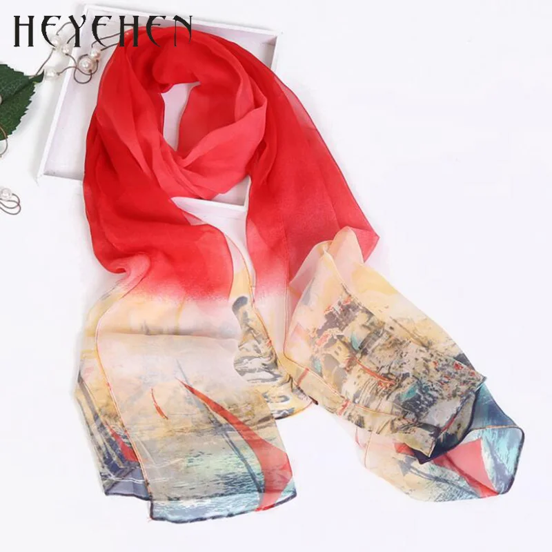 Новый модный дизайн синий шифоновый Шелковый женский шарф с принтом парусника