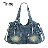 ipinee fashion women bag vintage casual denim handbag lady large capacity jeans tote weave tape creative shoulder messenger bag