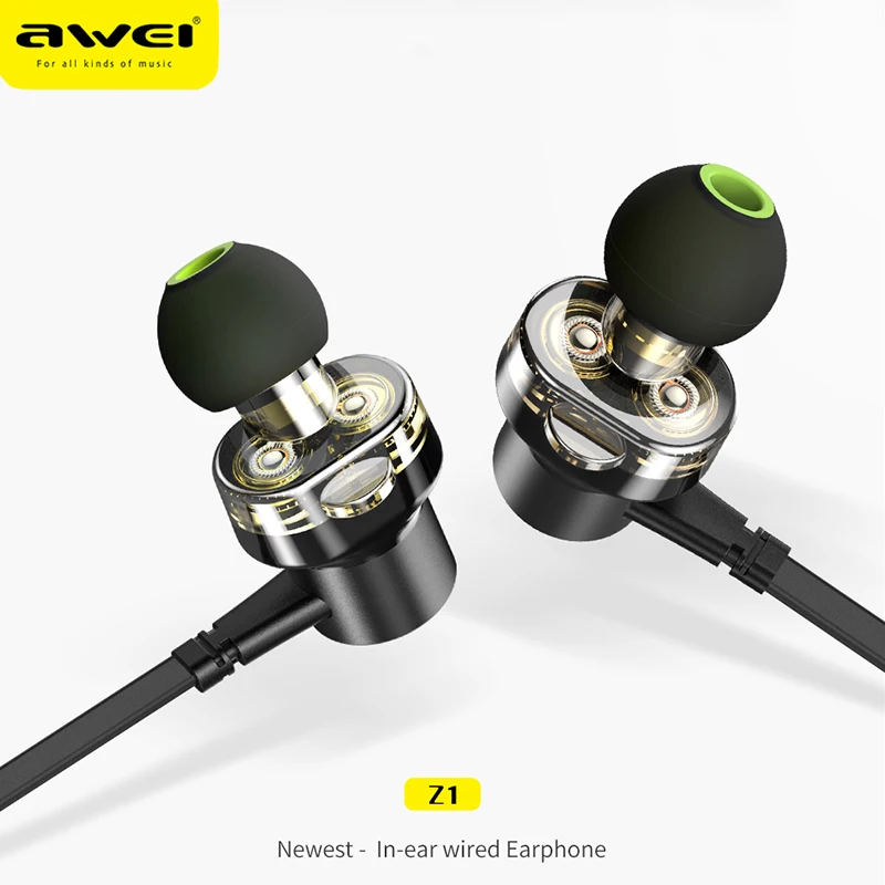 AWEI Z1 проводные наушники с двойным драйвером, гарнитура, спортивные стереонаушники с микрофоном, 3,5 мм разъем, наушники для телефонов, Mp3