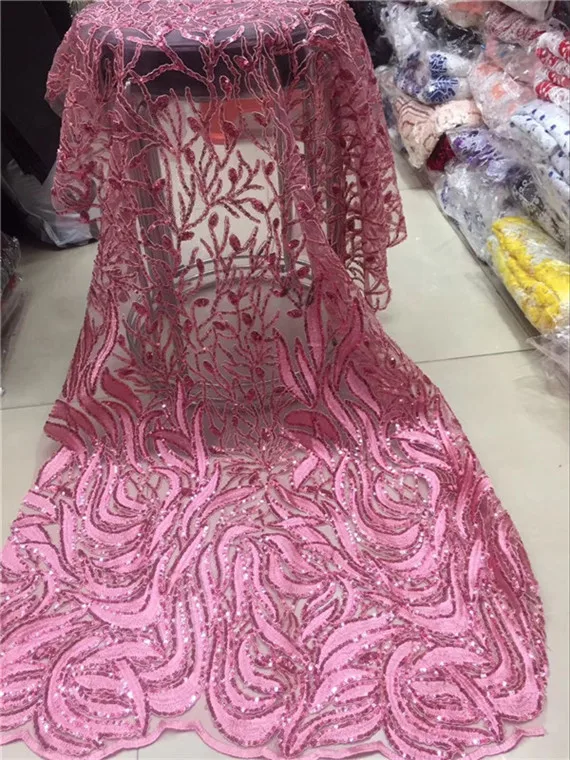 

2019 High Quality African Lace Fabric Baby pink Velvet French Net Embroidery Sequins Tulle Lace Fabric For Nigerian party Dress