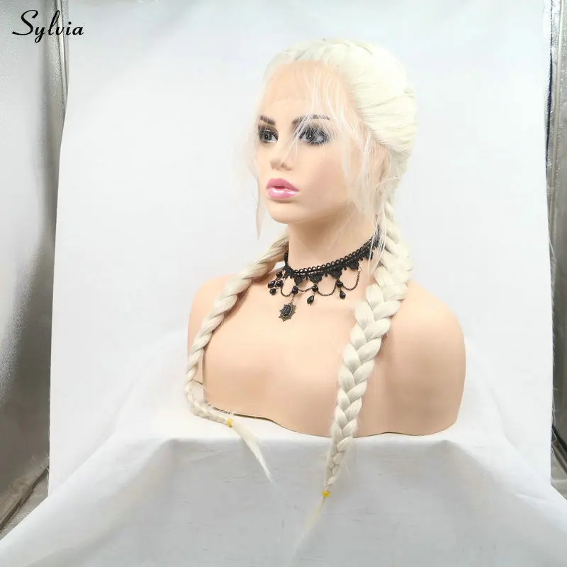 Sylvia 2x твист косички парик 613# Пастель блонд/60# белый блонд/фиолетовый синтетический парик на кружеве с детскими волосами двойной плетеный парик