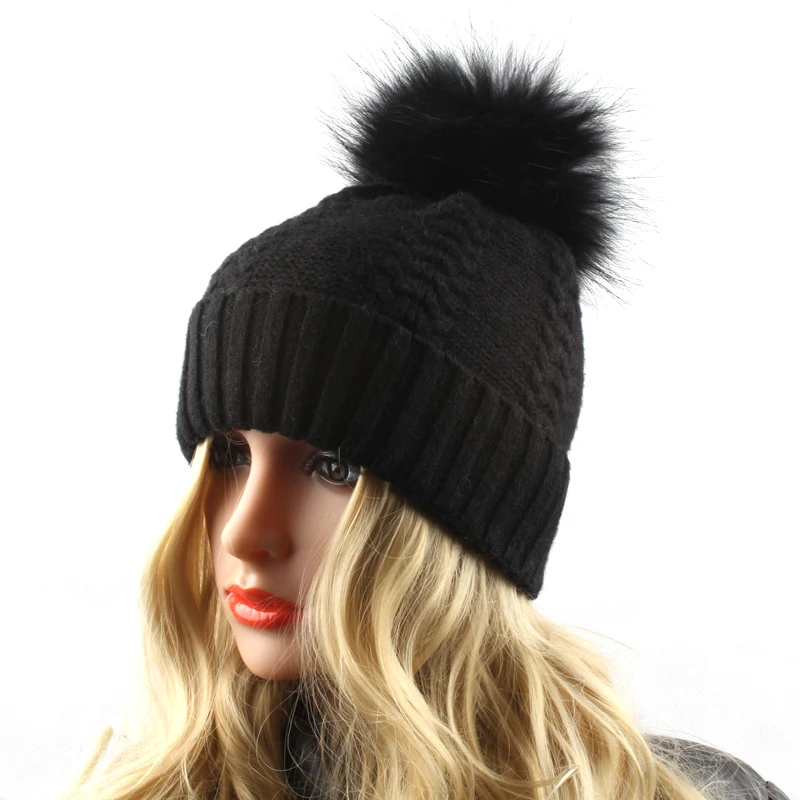 Зимние шапки из меха норки женские мяч натурального енота вязаные шерсти и