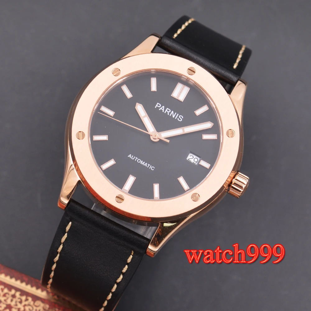 42 мм PARNIS механические мужские часы сапфировое стекло розовое золото светящийся