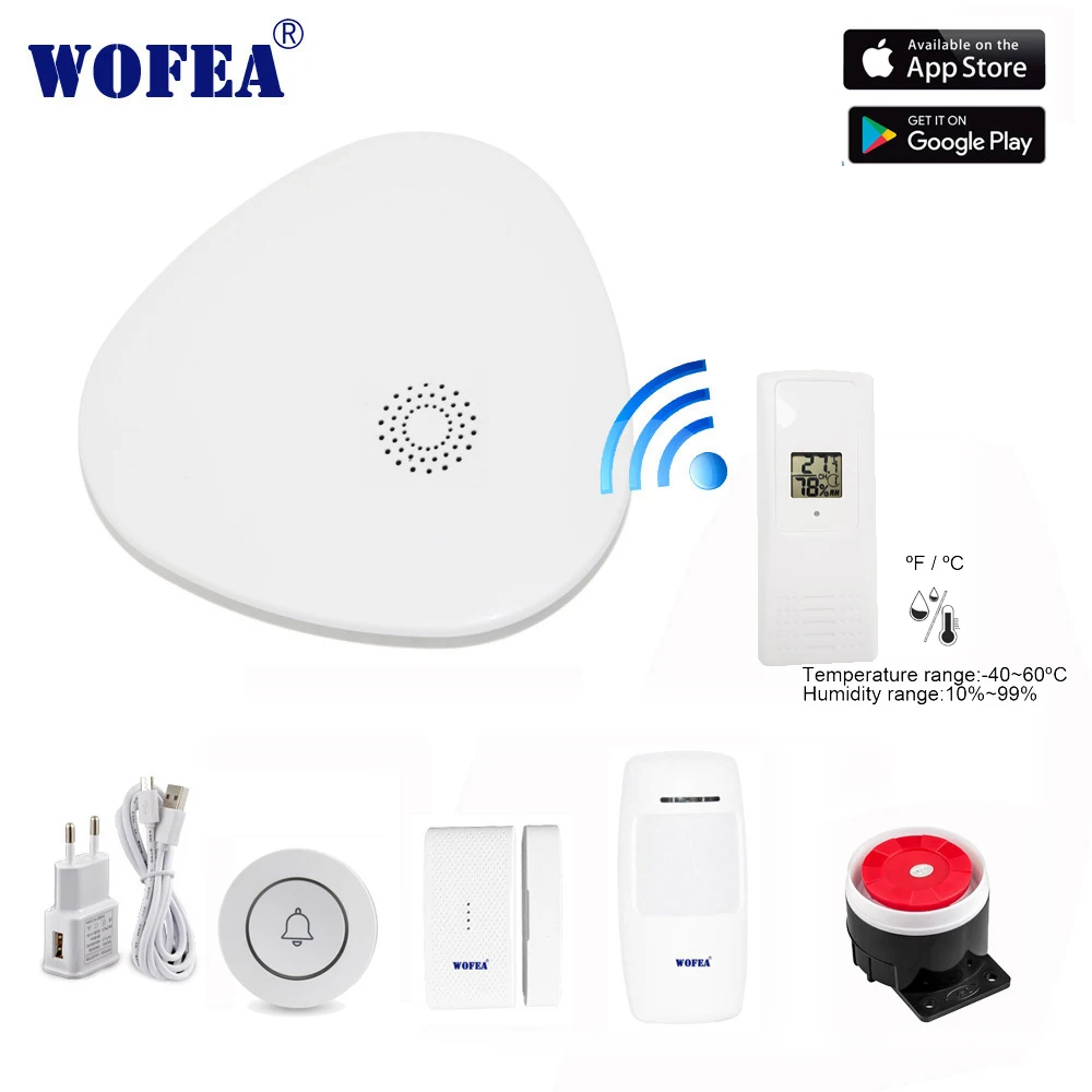 Wofea приложение управления wifi gateway домашняя система охранной сигнализации с колокольчиком/кнопкой паники и датчиком температуры и влажности комплекты