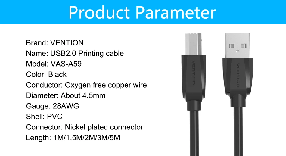 Vention позолоченный USB кабель USB для принтера Тип B папа-папа USB2.0 кабель для Canon Epson hp ZJiang принтер этикеток DAC USB принтер