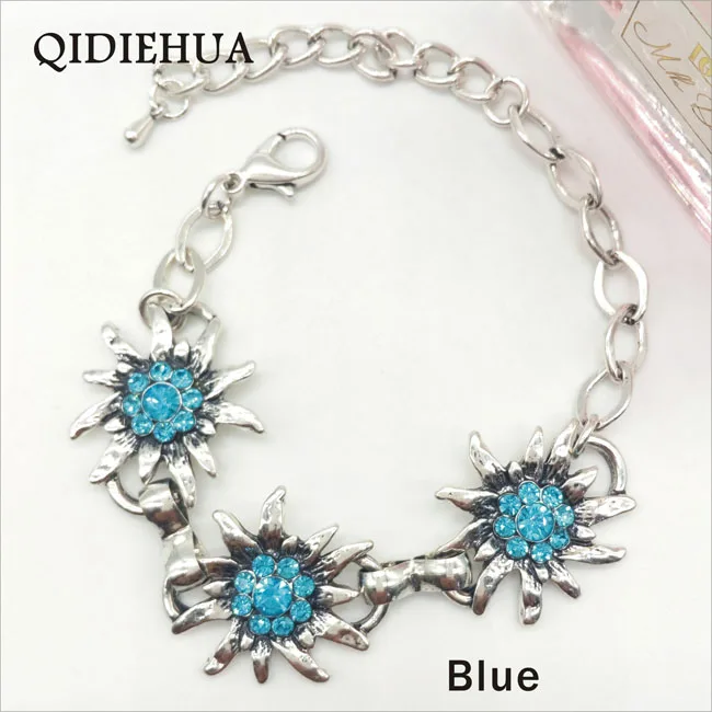 QIDIEHUA, античный серебряный Эдельвейс, браслеты, Октоберфест, очень популярный браслет, разноцветные стразы, очаровательный браслет для женщин - Окраска металла: light blue