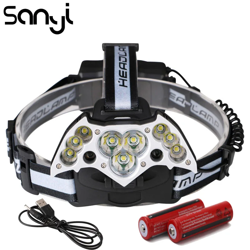 Налобный фонарь SANYI 9 * T6 + 2 XPE светодиодный фонарик с 7 режимами работы для кемпинга