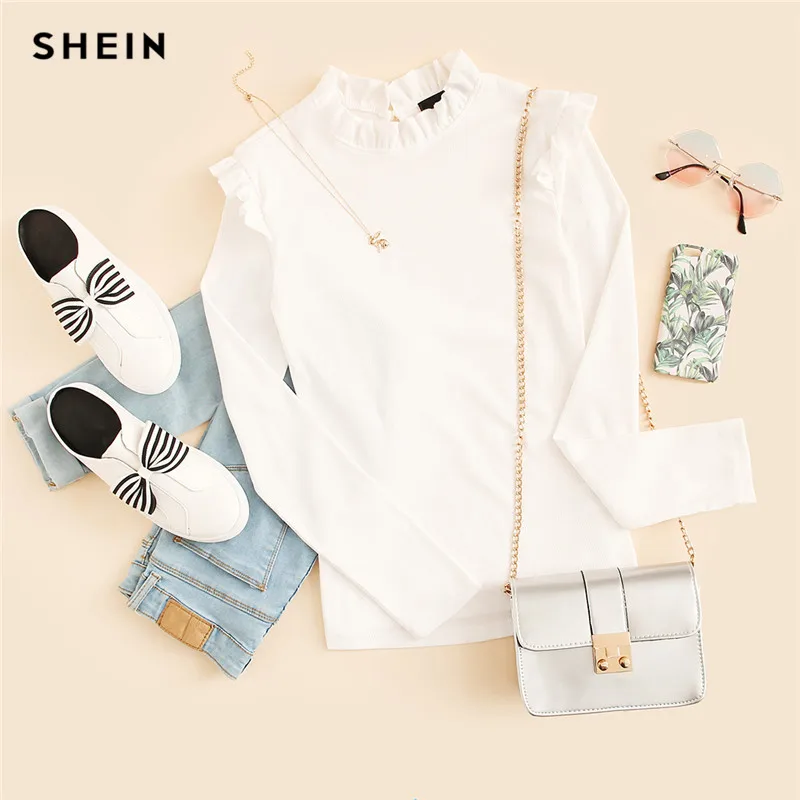 SHEIN Однотонная Блузка С Длинным Рукавом Стильная Блузка С Рюшами Элегантная Офисная Блузка