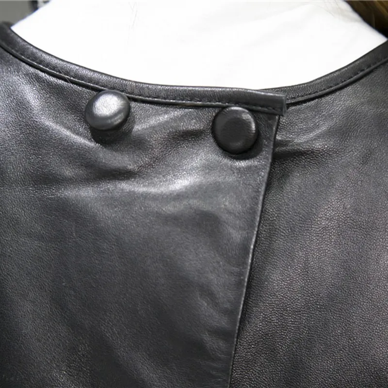 Весна, новинка, жилет из натуральной овечьей кожи, свободный приталенный пуловер с рукавами, однотонные черные Куртки из натуральной кожи, модные короткие пальто