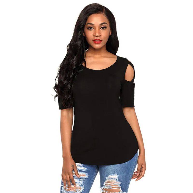Новое поступление однотонная женская летняя повседневная футболка с открытыми