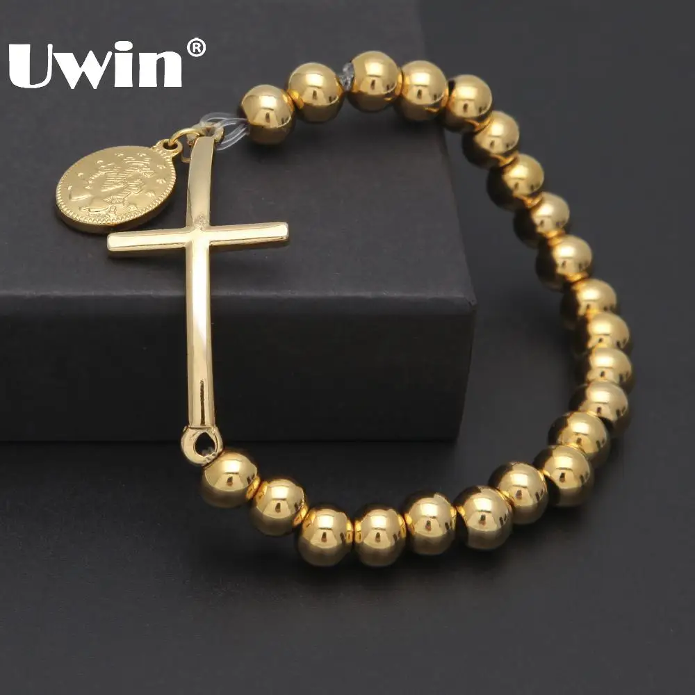 Uwin классический крест с Virgin Mary Браслеты 8 мм Розария из бисера Нержавеющая сталь