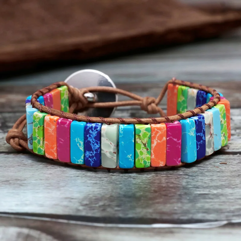 Boho трубка браслета ФОРМА натуральный камень один кожаный браслет обруча полудрагоценный камень для женщин бисерный Браслет манжета Прямая поставка