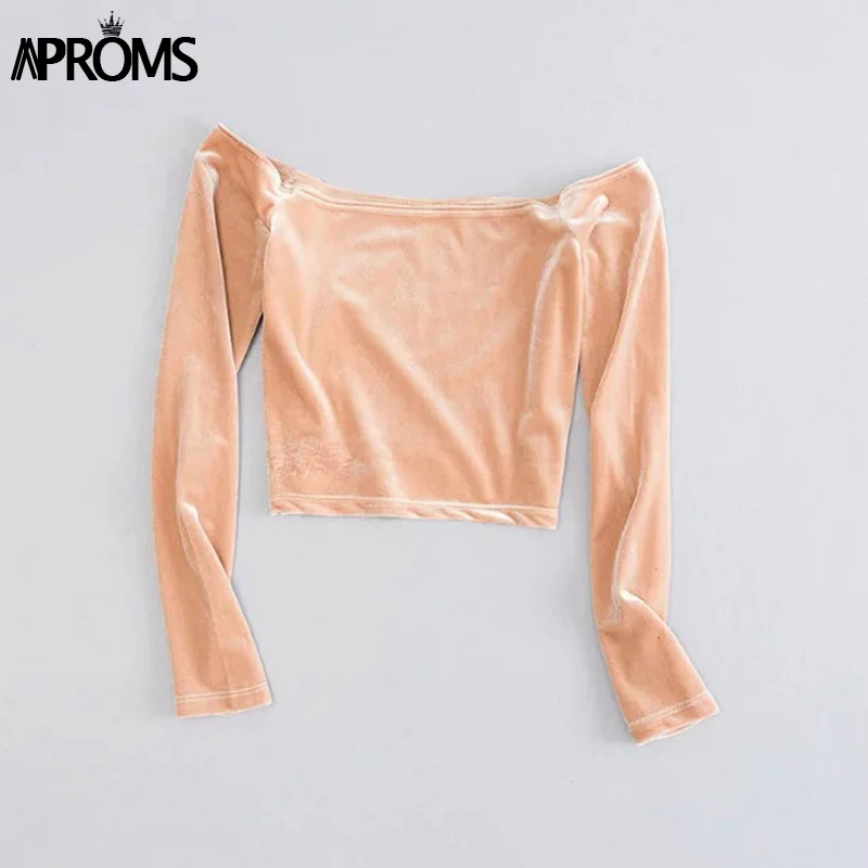 Aproms Элегантный с плеча Velvet Crop Top Для женщин Мода стрейч Майка укороченная женские осенние мягкие майки Tee - Цвет: Camel
