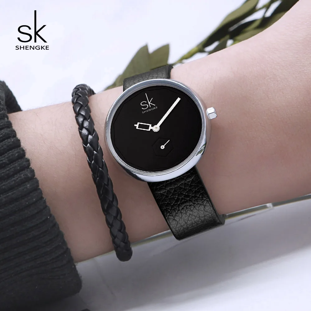 

Shengke Creative Dial Watches Women Fashion Black Leather Ladies Quartz Watches Reloj Mujer 2019 SK Watch With Bracelet #K0051