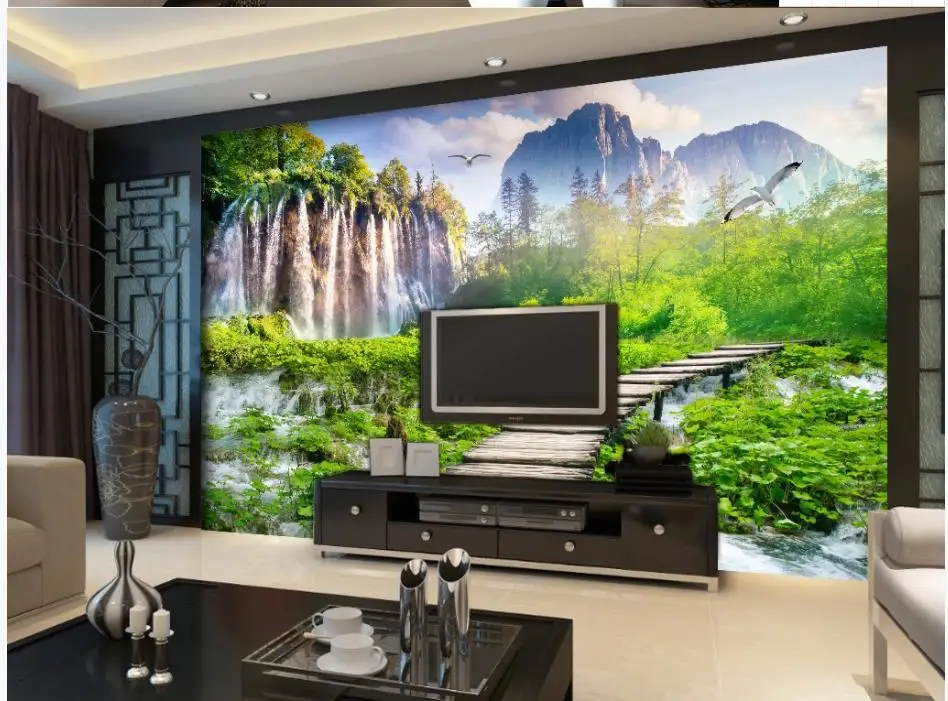 3d стереоскопические обои пейзаж водопад сад фон стены картина деревянный птичий