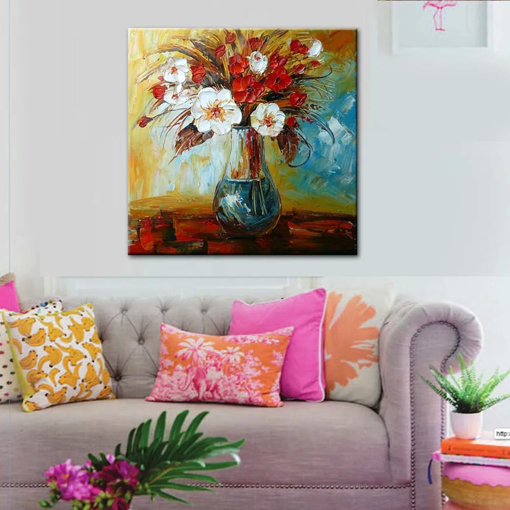 

Hand Painted Abstract Canvas Impasto Palette Vase FLower Oil Painting Abstract Flower Wall Picture Living Room Home Wall Decor