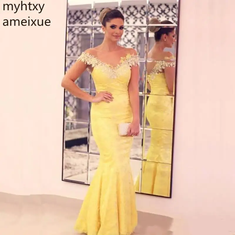 

Elegant Plus Size Cheap Long Evening Dressess Sheer Neck Off The Shoulder Lace Appliques Yellow Mermaid Long Dresses Prom Gown