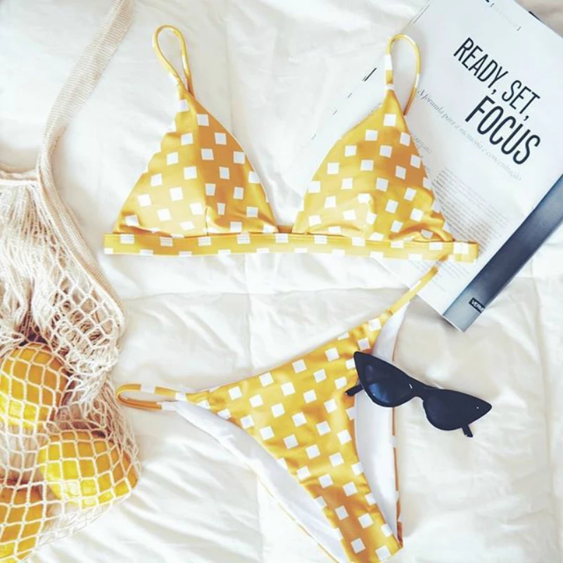 Cute Yellow Plaid Swimwear For Women Polyester Strappy Cut Out Matching Swimsuit Female On Beach Haute Thong Bikinis Set Push Up |