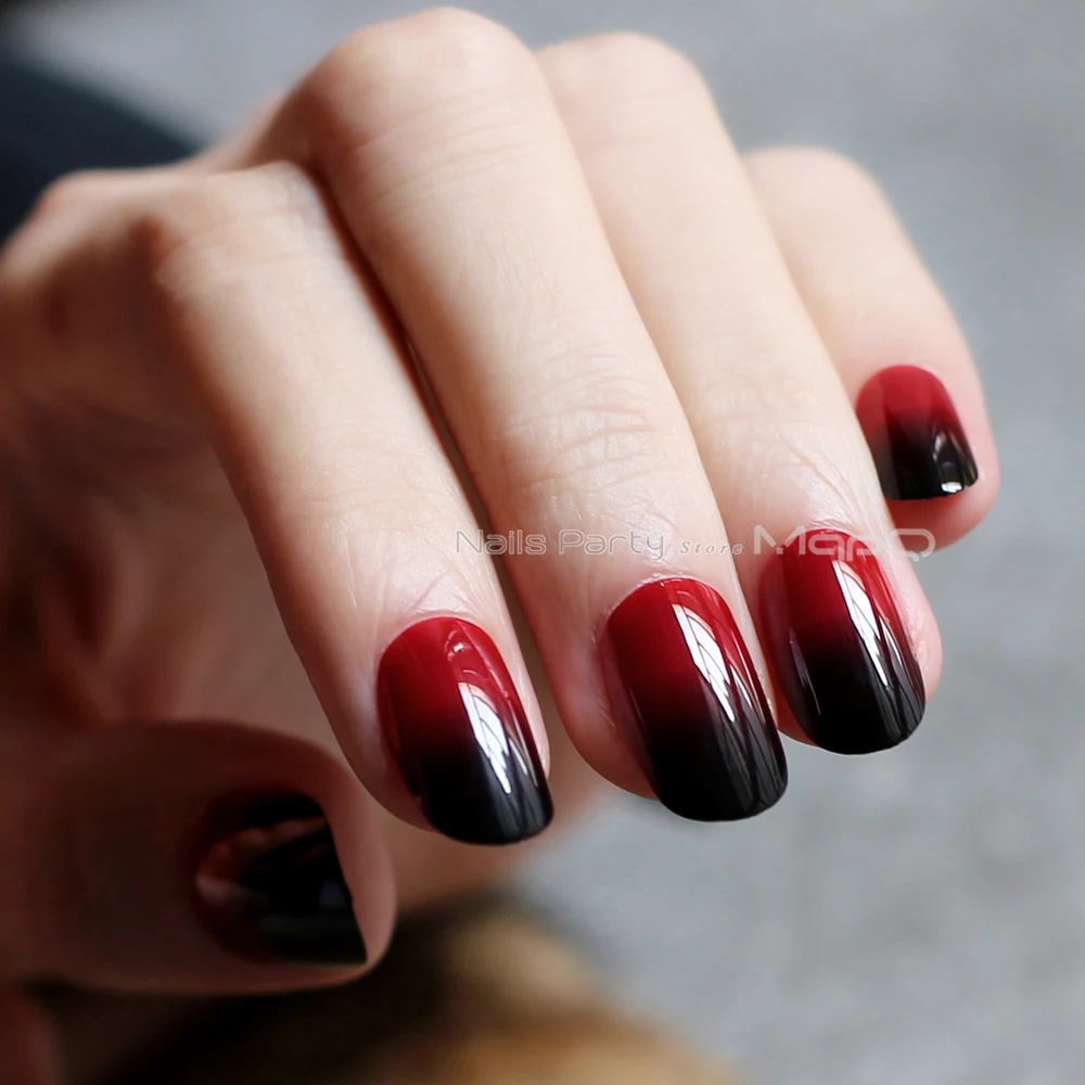 

Oval fake nails Red and black gradient Gothic Medium H shape Vampire color