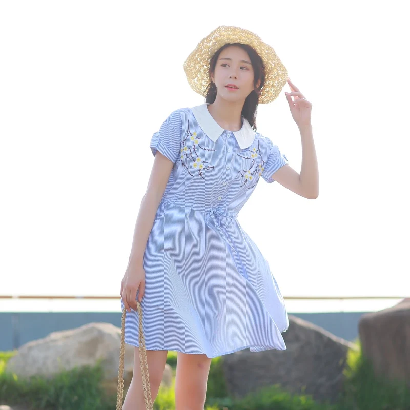 Women Summer Dress Striped Floral Embroidery Elegant Ladies Short Sleeve Sundress Female Mini Shirt Party Vestidos E140 | Женская одежда