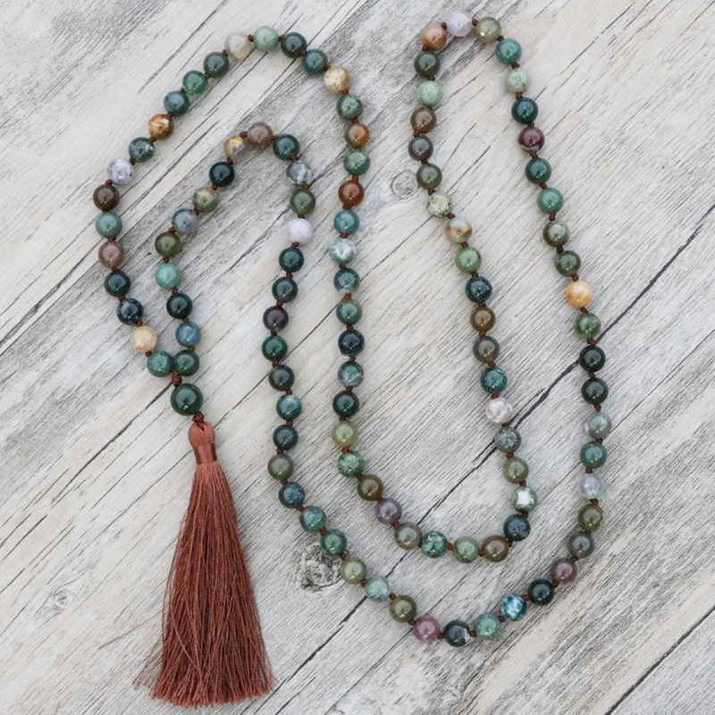 Long Tassel Boho Necklaces For Men Green India A-gate Knotted Necklace 108 Prayer Beads Mala Healing Jewelry Yoga Gift | Украшения и