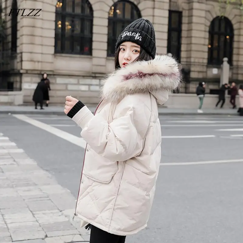 FTLZZ Women Winter Jackets White Duck Down Large Natural Raccoon Fur Hooded Parkas Warm Female Down Coat Snow Outwear - Color: Beige