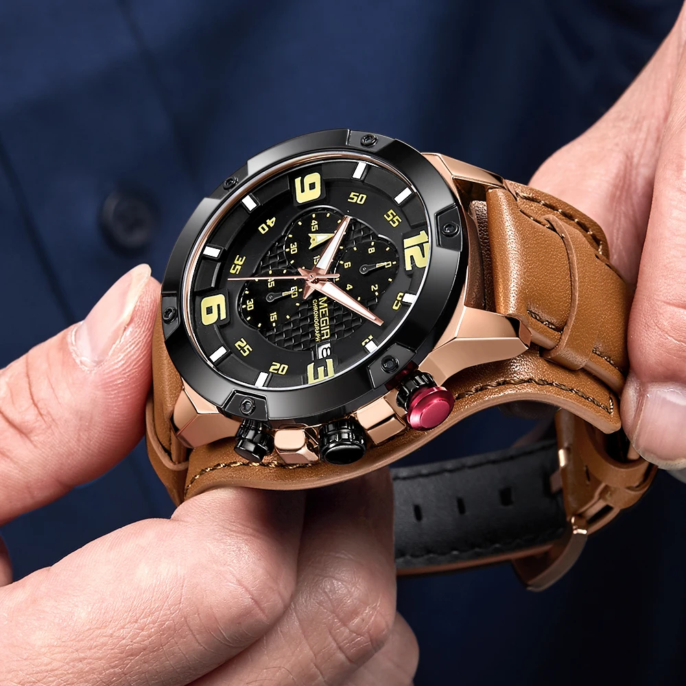 Megir Мужские Аналоговые кварцевые часы с хронографом и датой водонепроницаемые